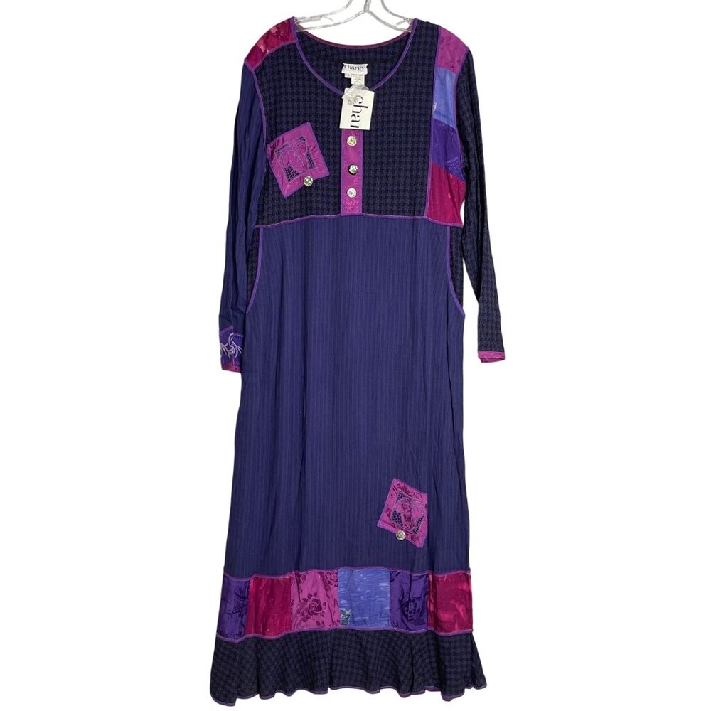 New‎ Vintage Charity Lagenlook Maxi Dress Women's M Purple Multi Mixed Media Art